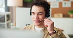 Computer, man and call center agent talk for technical support, help desk and troubleshooting. Smile, headset and IT consultant with technology for consulting, virtual assistance and contact us