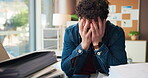 Mental health, documents and man in office with pile, admin crisis or frustrated in task management. Stress, burnout or employee in workplace with paperwork, pressure or anxiety for report deadline.