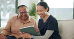 Tablet, senior woman and nurse in home for healthcare consultation, insurance or homecare. Technology, caregiver or happy elderly patient with medical results, report or assisted living in retirement
