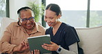 Tablet, elderly woman and nurse in home for healthcare consultation, insurance or homecare. Technology, caregiver and happy senior person with medical results, report or assisted living in retirement