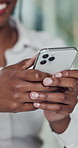 Business, smartphone and woman in office, hands and texting with copywriting, email and internet. Person, creative agency and journalist with app, cellphone and message to contact and online chatting