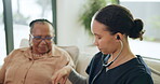 Caregiver, senior or woman with stethoscope in retirement home to monitor health, breathe or listen. Healthcare checkup, support or old person with nurse for wellness consultation, heart beat or test