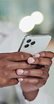 Hands, cellphone and woman in office, typing and social media with copywriting, email and internet. Person, creative agency or journalist with app, smartphone and message to contact, network or bokeh