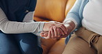 Senior woman, caregiver and holding hands for trust, care and comfort for assisted living in house. Elderly person, nurse and support for kindness, empathy and medical healthcare in retirement home