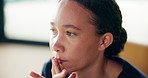 Thinking, doctor and woman with depression, hospital and guilt for patient loss and surgery mistake. Sad, surgeon and African person with stress for error, reflection and mental health in clinic