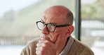 Senior man, thinking and glasses with memory for nostalgia, remember or ideas in home. Thoughtful, elderly or male person with reflection or ambition for old moment, doubt or regret past in house