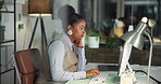 Business, night and woman with computer, thinking and proofreading with copywriting agency. Evening, person and employee in office, pc and online reading with email, problem solving and decision