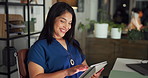 Business, night and woman with tablet, smile and research for article, submission and editing. Evening, person and journalist in workplace, tech and proofreading with magazine website, app and email