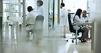 Medical, walking or people in clinic with research, coworking or trial for pharmaceutical development. Collaboration, healthcare or scientists in lab with planning, advice and aid for study results.