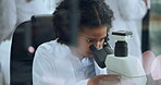 Woman, scientist and microscope in lab for study, pharmaceutical development and medical investigation. Researcher, scope and research in facility for microbiology, biotech and healthcare experiment