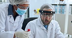 Scientist, team and blood vial with sample for chemistry, testing and medical research. Biotech, laboratory and people with DNA inspection for pathology experiment, synthesis analysis or microbiology