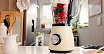 Smoothie, blender and fruit on kitchen counter for wellness, healthy nutrition and natural ingredients. Series, machine or recipe in home for strawberry drink, protein shake and antioxidant benefits.
