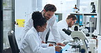 Scientist, team and chemical analysis with notes for chemistry, testing and medical research. Biotech, laboratory and people with DNA inspection for pathology experiment, discussion or microbiology