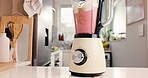 Blender, smoothie and empty kitchen in home for nutrition, benefits and weight loss for wellness. Appliance, container and liquid diet with fruit, cocktail or milkshake for gut health, detox or drink
