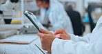 Person, hands and research with tablet for forensic study, science or medical discovery in lab. Scientist, scrolling and browsing with technology or analysis for exam, test results or healthcare data