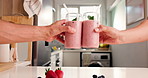 Hands, smoothie and toast with nutrition in home with organic strawberry, support and weight loss. People, celebration and motivation for liquid diet, detox or drinks for gut health in kitchen