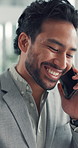 Phone call, happy and business man in office for client negotiation, discussion and consulting. Finance agency, corporate and person on smartphone for investment advisor, contact and communication