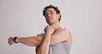 Face, stretching and man in studio, fitness and wellness with pride on white background. Bodybuilder, mockup space and healthy person with workout, warm up or start with routine, training or exercise