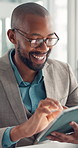 Tablet, online and business black man in office for financial review, budget planning and proposal. Professional, corporate and happy person on tech for finance report, investment deal and research