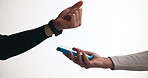 Hands, pos machine and smart watch payment in studio for cashless transaction, banking and fintech. Mockup, people and customer with easy checkout on white background for digital purchase and service