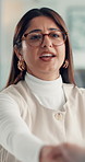Business, woman and meeting with handshake in office for welcome, introduction and recruitment. Employee, shaking hands and interview for hiring, agreement and partnership for onboarding negotiation