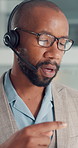 Call center, black man and headset for communication, customer service and conversation in office. Consultant, business person and helpdesk operator with discussion, microphone or crm support at work