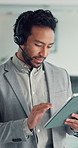 Headset, office and business man on tablet talking for financial advice, investment and consulting. Professional, corporate and person on digital tech for virtual assistance, finance deal or contact