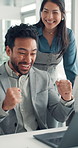 Success, fist pump and laptop with business people in office of account approval, agreement and team. Promotion, portfolio achievement and stakeholder bonus with employees celebration in agency