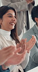 Woman, team and applause at office meeting, happy or excited for success at media company. Person, group and celebration with achievement, goal and clapping for profit announcement at creative agency