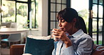 Thinking, sofa and mature woman with coffee for comfort, reflection and wellness in morning. Home, living room and person with beverage, drink and tea for peace, relax and resting for weekend break