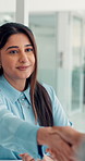 Shaking hands, office and business woman for partnership, greeting and collaboration. Corporate professional, handshake and workers with b2b meeting for teamwork, agreement and company merger