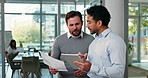 Men, tablet and documents in office with discussion for research, planning and project management. Tech, paperwork and business people with conversation for report feedback, review and collaboration.