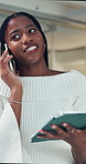 Business woman, phone call and tablet with conversation, review online research or deal negotiation. Black person, tech and digital resource with mobile discussion, contact and feedback communication