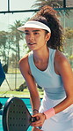 Woman, fitness and ready with thinking for tennis game, match or serve at padel court or turf. Female person, athlete or sport player serious for playing, friendly competition or exercise challenge