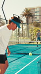Padel tennis, people and outdoor court for game, fitness and training for match or challenge. Sports, competition and athlete men playing for practice, workout or exercise at club for wellness