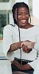 Business, handshake and woman in office, hiring and onboarding with smile, offer and agreement. Contract, shaking hands or person in workplace, recruitment and job interview with achievement or goals