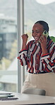 Business, phone call and black woman in office, celebration and excited with financial advisor. African person, throwing and employee with cellphone, success or wow with investment opportunity or app