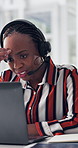 Call center, headache and black woman with laptop, stress and talking with customer service. African person, frustrated and employee in workplace, pc and migraine with burnout, fatigue and feedback
