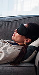 Mental health, talk or woman on sofa with blindfold for sensory awareness, healing trauma or therapy. Psychology, female person or speaking on couch with sleep mask for counseling, help or evaluation