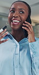 Finance, advisor or black woman with phone call in office, advice consultation or talking to client. Negotiation, planning or employee with mobile for investment strategy, guidance or risk management