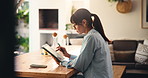 Tablet, remote work and woman in home office to scroll newsletter, copywriting or editing. Pen, technology and mature freelancer in house for research, review blog and reading information online