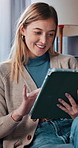 Relax, smile and tablet with woman on sofa in living room of home for break, browsing or social media. App, internet and me time with happy person in apartment for connection, email or scrolling