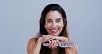 Brush, hair and face of woman in studio for haircare grooming, growth and healthy texture. Salon, mockup space and portrait of mature person with hairstyle tools for wellness on white background