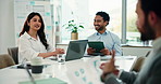 People, meeting and talking with paperwork in office for accounting, graphs and finance report. Team, explain and discussion with laptop, financial document and chart information for revenue growth