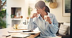 Thinking, woman and coffee with clipboard at house for accounting, finance checklist and loan application. Mature person, beverage and financial information for expenses, mortgage payment and bills