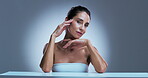 Dermatology, mature or woman face with anti aging cosmetic, beauty aesthetic or results for soft texture. Portrait, skincare or person with natural shine, self care or space on gray studio background
