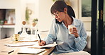 Remote work, phone call and woman with notebook for writing, networking and news source with coffee. Freelancer, journalist and notes in home for article questions, information and discussion