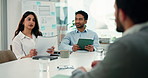 Business, people and meeting with document in office for accounting, planning and financial feedback. Team, talk and tablet with discussion, finance paperwork and review budget of investment proposal