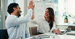 Business people, high five and tablet with team in meeting for congratulations or achievement in office. Excited employees, group and winning together for promotion, good news or deal at workplace