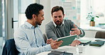 Meeting, discussion and tablet with business people in office for campaign analyst, research and planning. Target audience, engagement reach and teamwork with employees in media agency for review